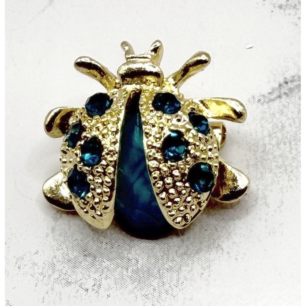 Vintage Ladybug Brooch Gold Tone Teal Rhinestone Insect Pin 3/4"